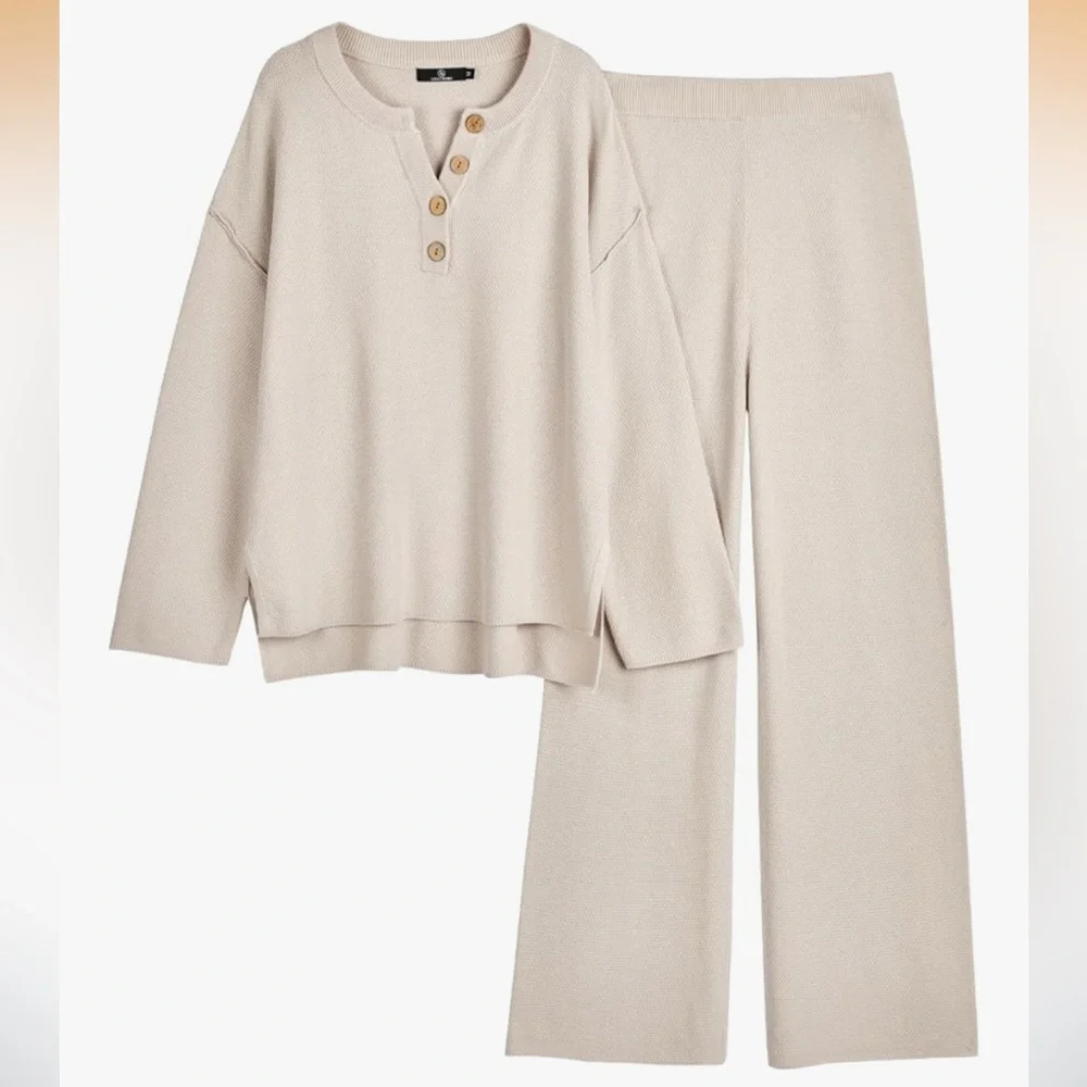 LILLUSORY Cream Knit 2 Piece Lounge Set Size M Henley Top Pants Oversize Slouchy